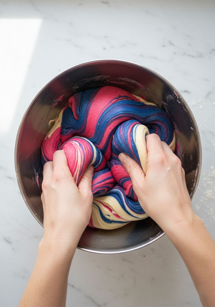 Hands swirling pink, blue, violet, and white unicorn cookie dough together in a bowl to create a beautiful tie-dye marble effect