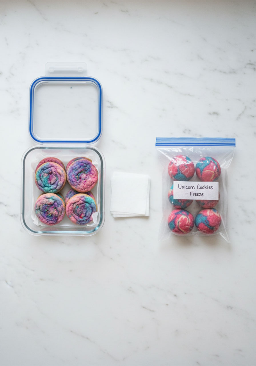 Unicorn cookies stored in an airtight glass container and raw dough balls in a labeled freezer bag — make-ahead and storage tips for easy unicorn cookies