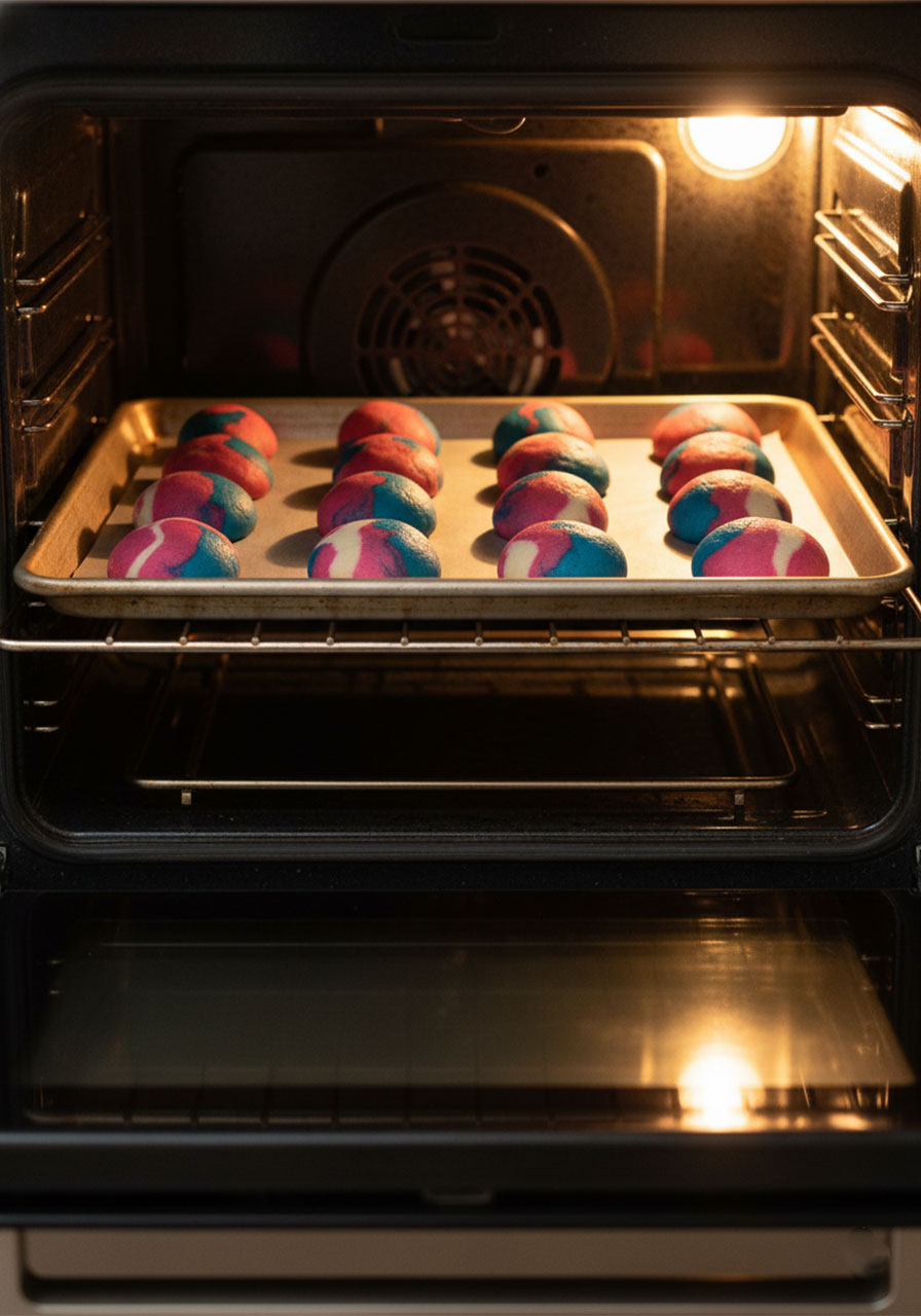 Swirled unicorn cookie dough balls baking in the oven on a parchment-lined sheet pan until edges are golden — easy unicorn cookies baking guide