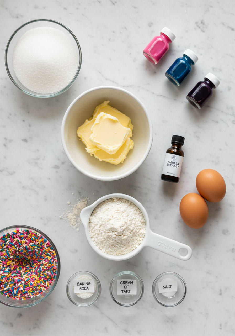 All ingredients for easy unicorn cookies laid flat on marble — butter, sugar, eggs, flour, sprinkles, and pink, blue, violet gel food coloring
