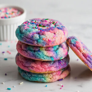 Stack of thick chewy unicorn sugar cookies with pink, blue, and violet swirled dough and rainbow sprinkles — easy unicorn cookies recipe card