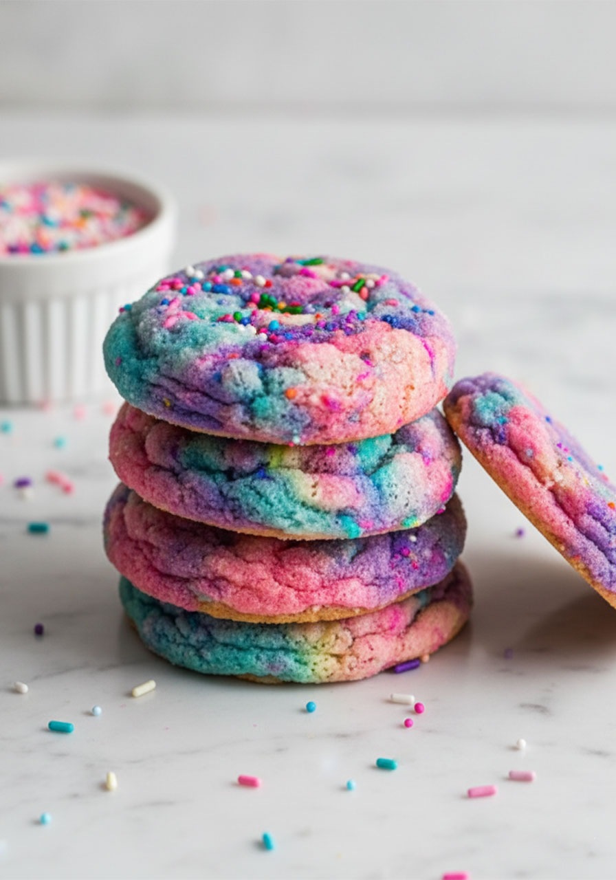 Stack of thick chewy unicorn sugar cookies with pink, blue, and violet swirled dough and rainbow sprinkles — easy unicorn cookies recipe card