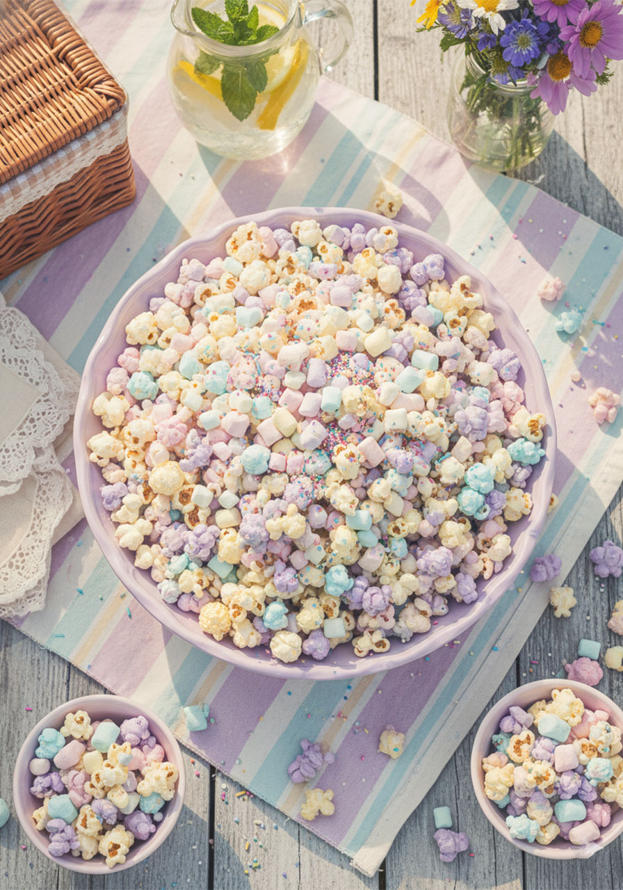 Overhead view of unicorn marshmallow popcorn in a pastel lavender bowl with colorful mini marshmallows and rainbow sprinkles