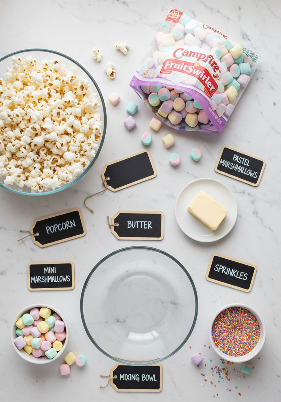Flat lay of all unicorn marshmallow popcorn ingredients including Campfire FruitSwirler marshmallows, butter, mini marshmallows, and rainbow sprinkles on white marble