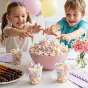 Two excited kids reaching for cups of unicorn marshmallow popcorn at a colorful pastel birthday party table
