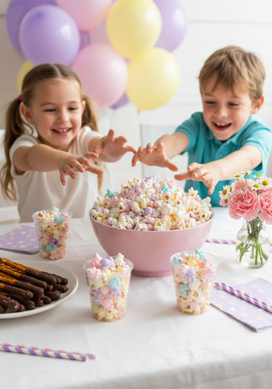 Two excited kids reaching for cups of unicorn marshmallow popcorn at a colorful pastel birthday party table