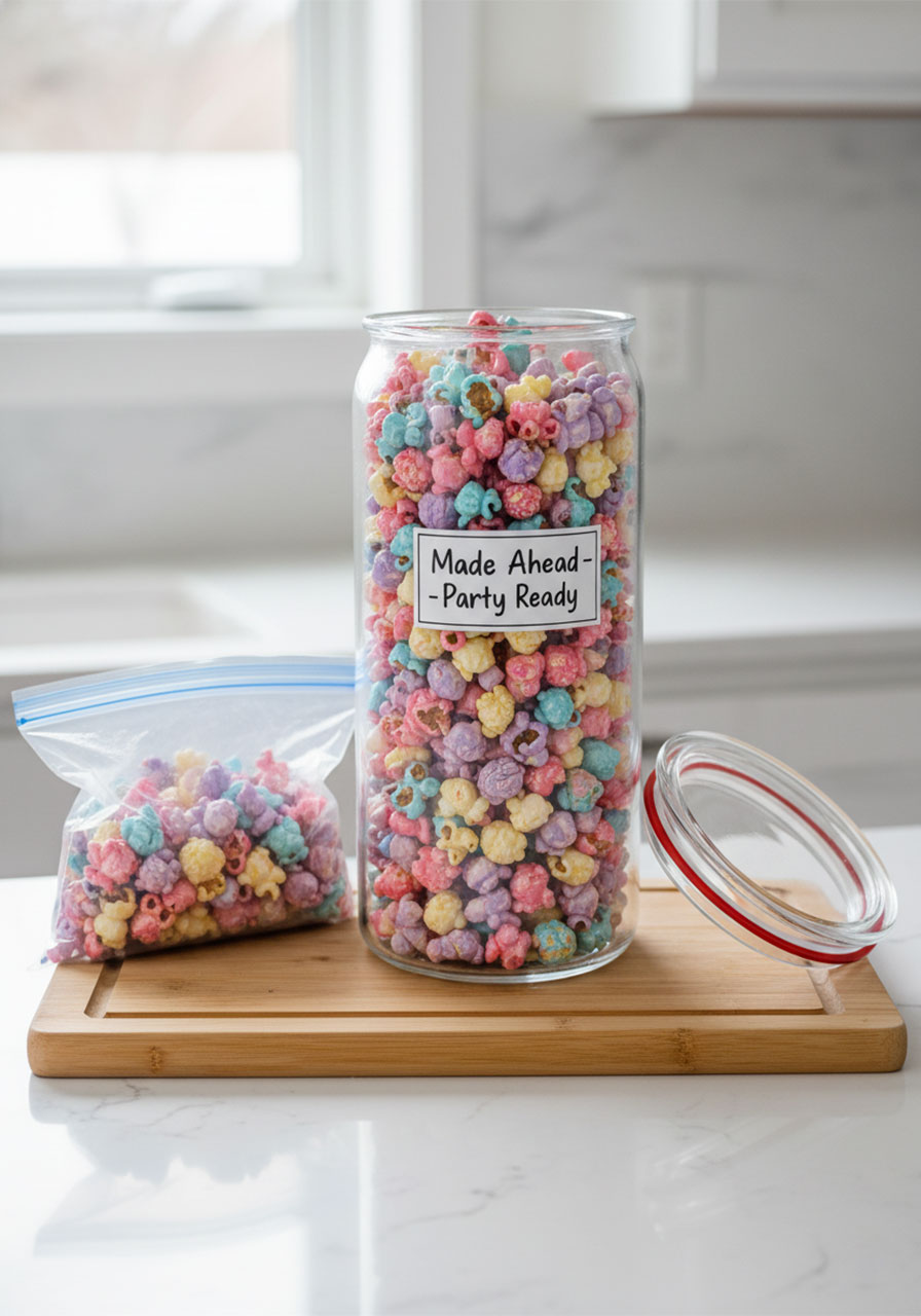 Airtight glass container and freezer bag filled with unicorn marshmallow popcorn for make-ahead party prep and storage