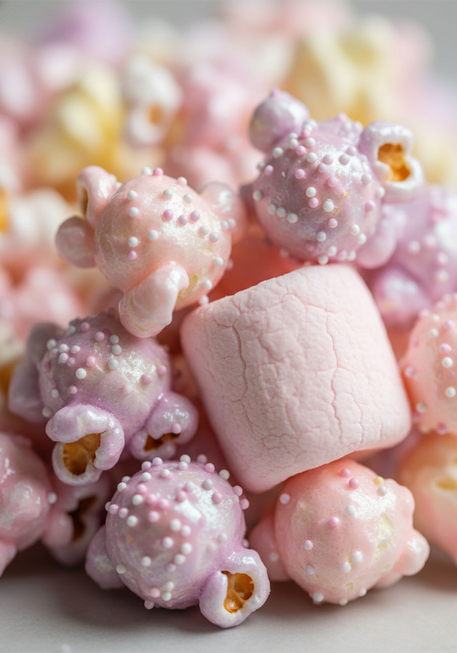 Close-up macro shot of unicorn marshmallow popcorn showing glossy pastel marshmallow coating and rainbow sprinkles on popcorn kernels