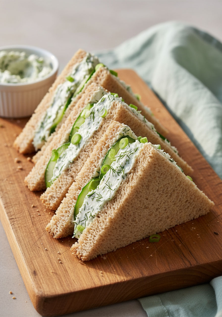 Vegan cucumber tea sandwiches with dill cream cheese cut into triangles on wooden cutting board