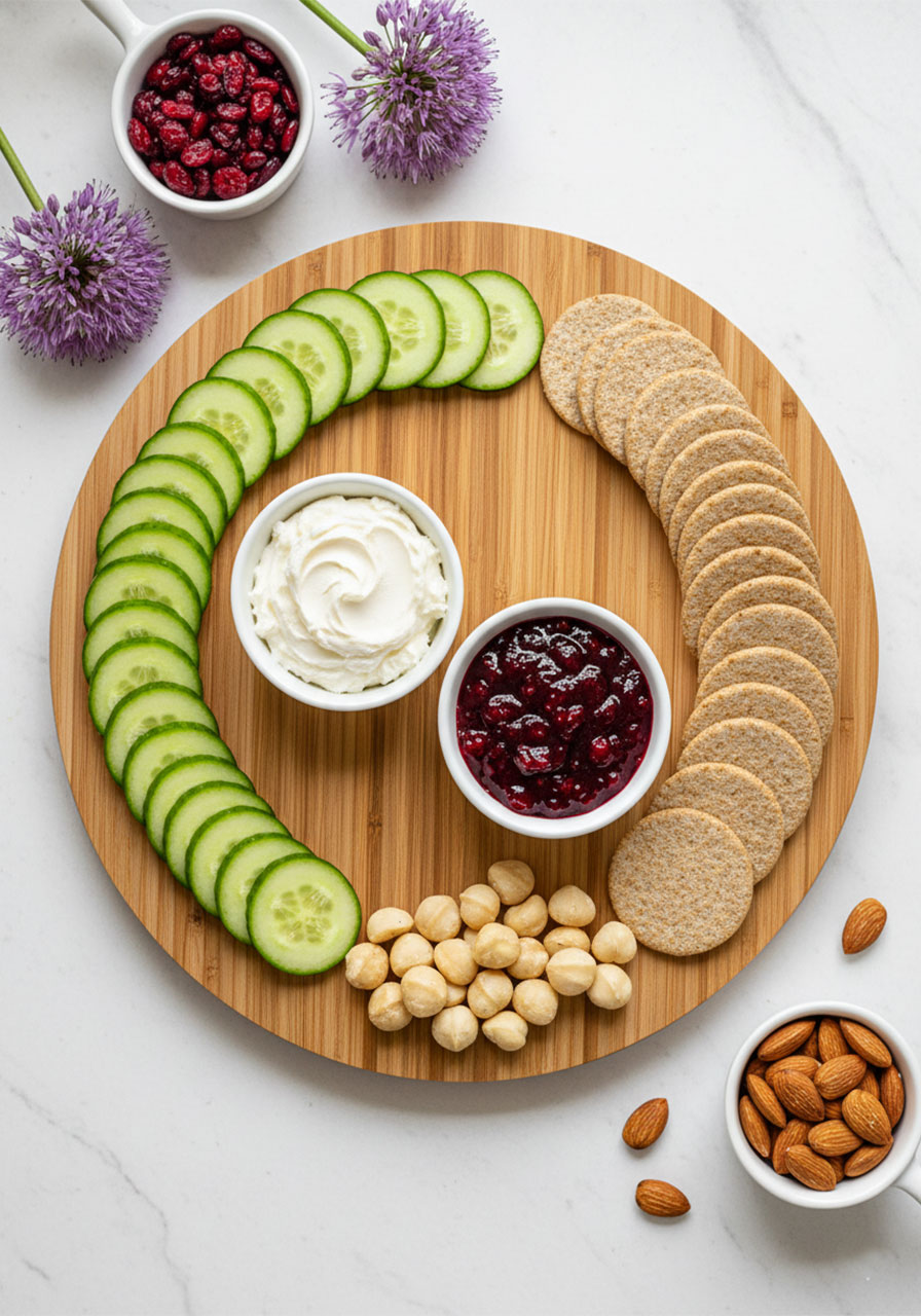 Vegan tea party snack board with cucumber slices, crackers, vegan cream cheese, cranberry jam and nuts — plant-based high tea finger food ideas