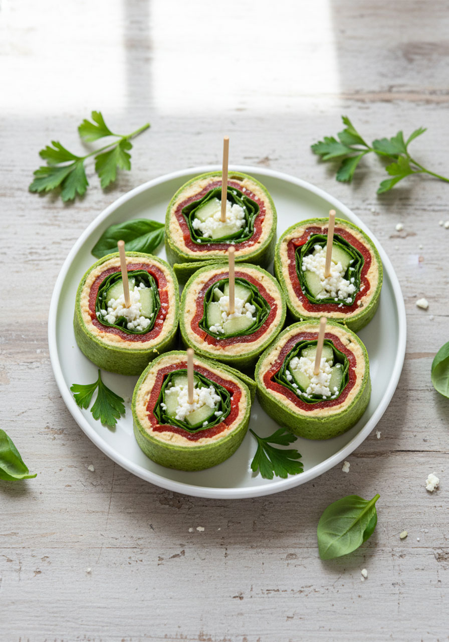 Vegetarian pinwheel sandwiches made with green spinach tortillas filled with hummus, roasted red peppers, cucumber, feta, and spinach — a meat-free party finger food option