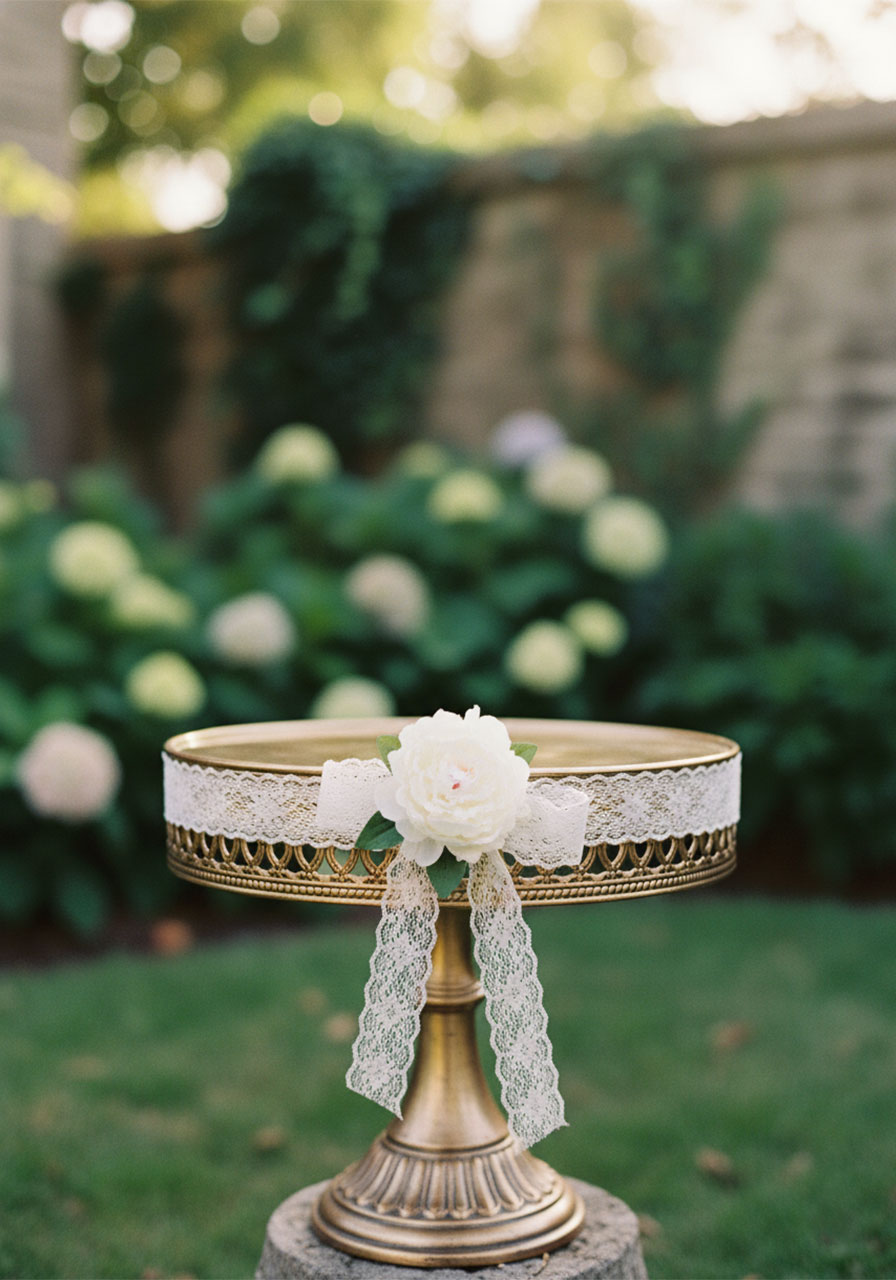 Victorian-inspired antique gold cake stand with lace ribbon for a garden tea party.