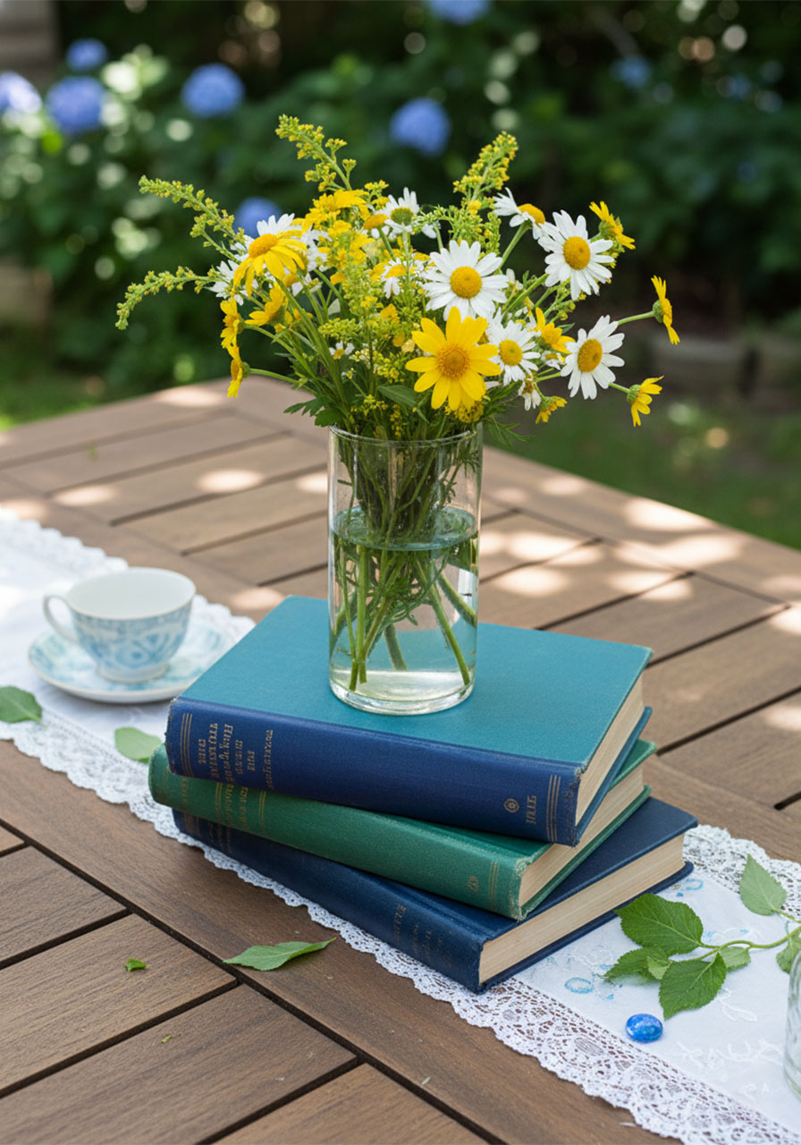 Rustic centerpiece featuring stacked vintage books and a glass vase with wildflowers.