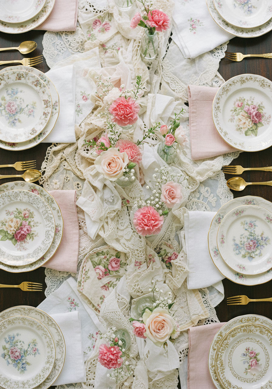 Eclectic mix of vintage doilies and floral fabrics as a layered table runner for a Victorian tea party