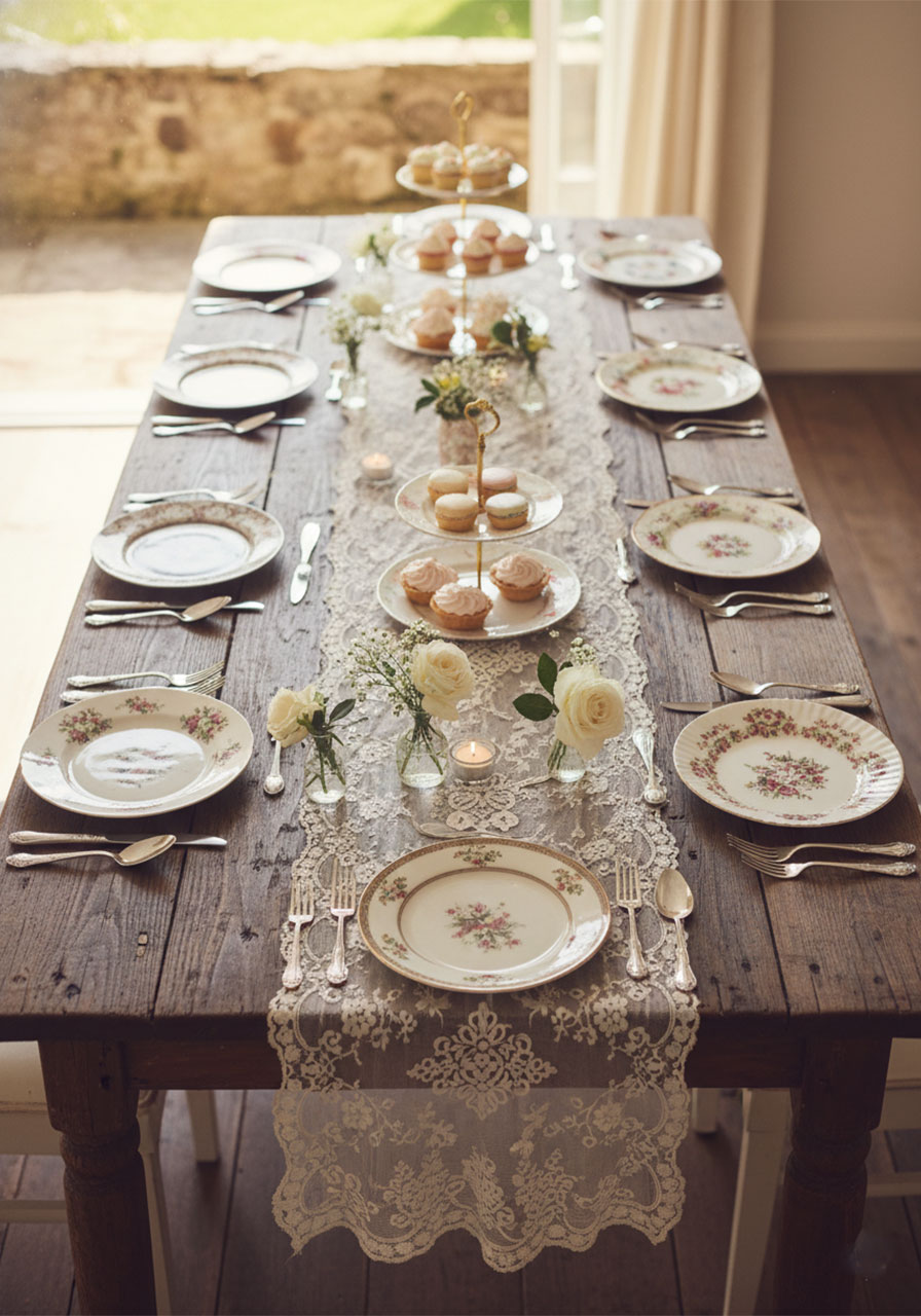 Romantic vintage lace table runner draped over a rustic wooden table for a high tea gathering.
