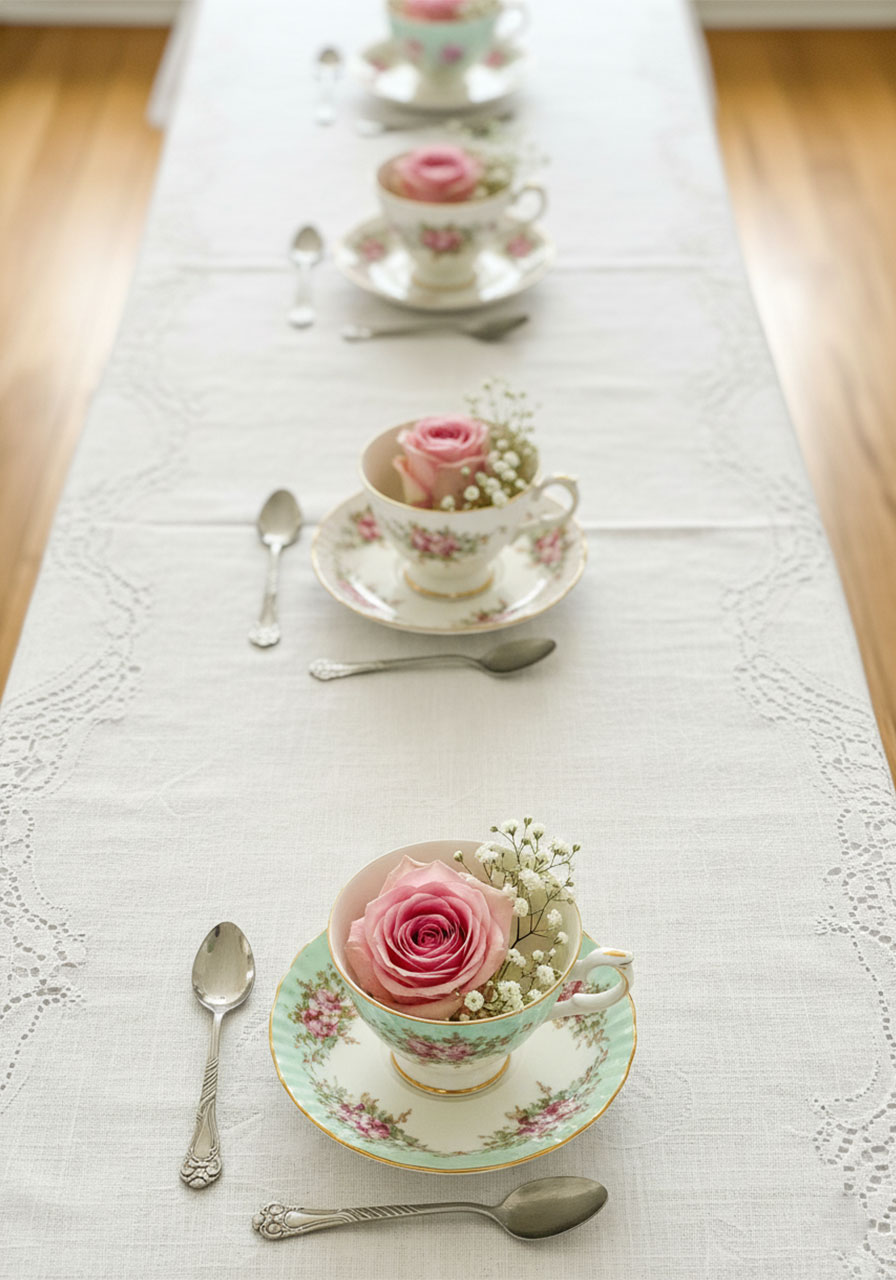Individual vintage teacup flower arrangements used as table centerpieces for a high tea.