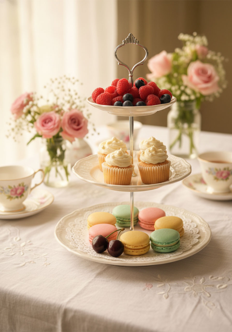 Vintage three-tiered dessert stand with macarons and fresh berries for a tea party