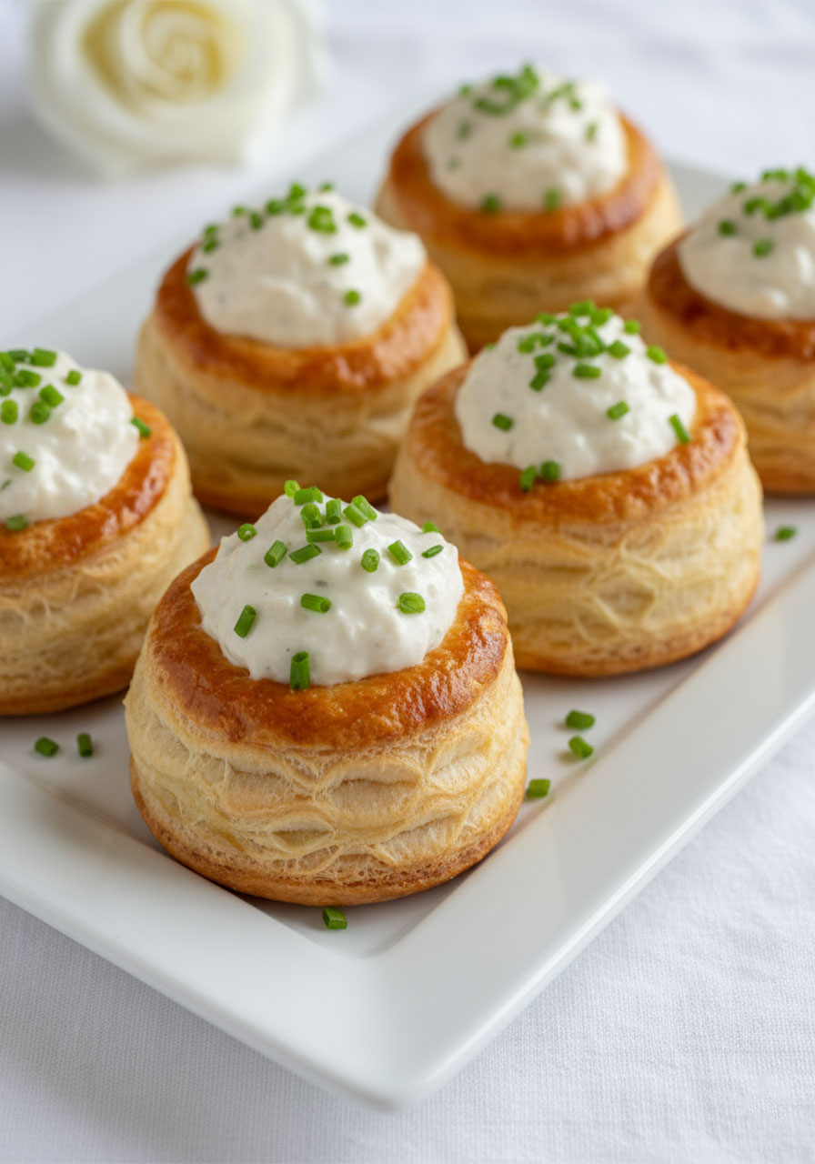 Golden puff pastry vol au vents filled with creamy chicken and chive — elegant high tea finger food that's easier than it looks
