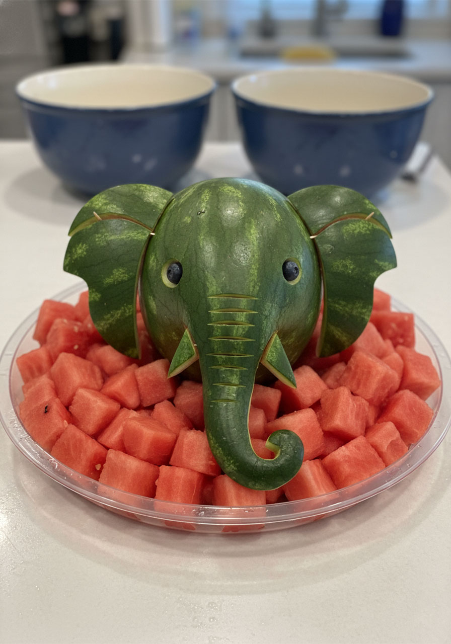 Whole watermelon carved into an elephant shape with trunk and ears surrounded by watermelon cubes, creative healthy zoo party food for kids	