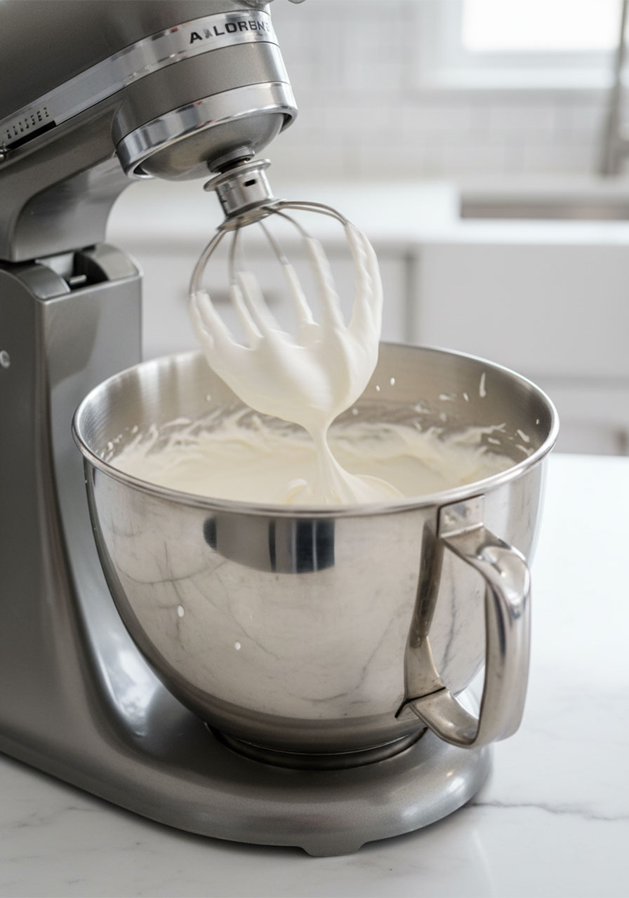 Heavy cream whipped to stiff peaks in a stand mixer for keto chocolate mousse