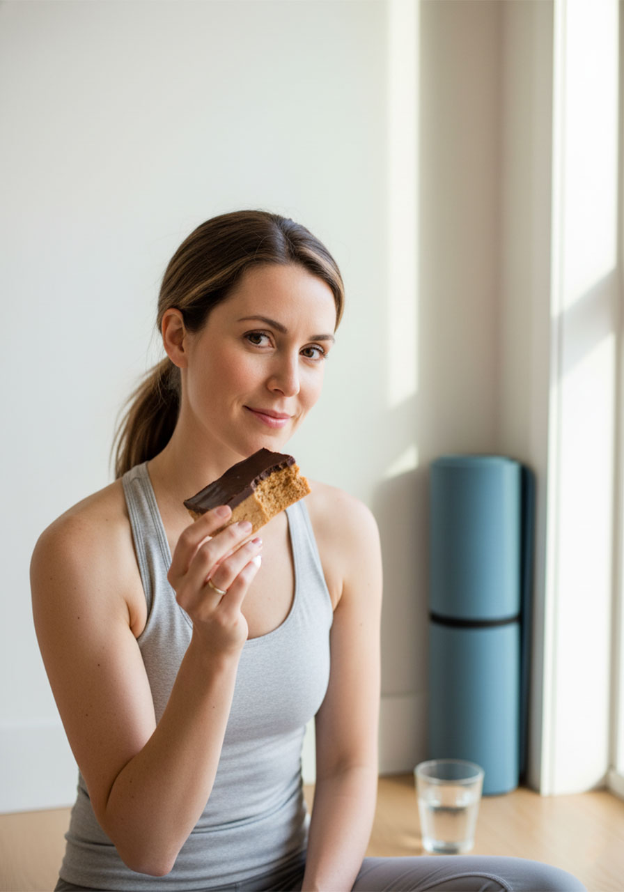 Woman eating a homemade no bake vegan protein bar after a workout at home