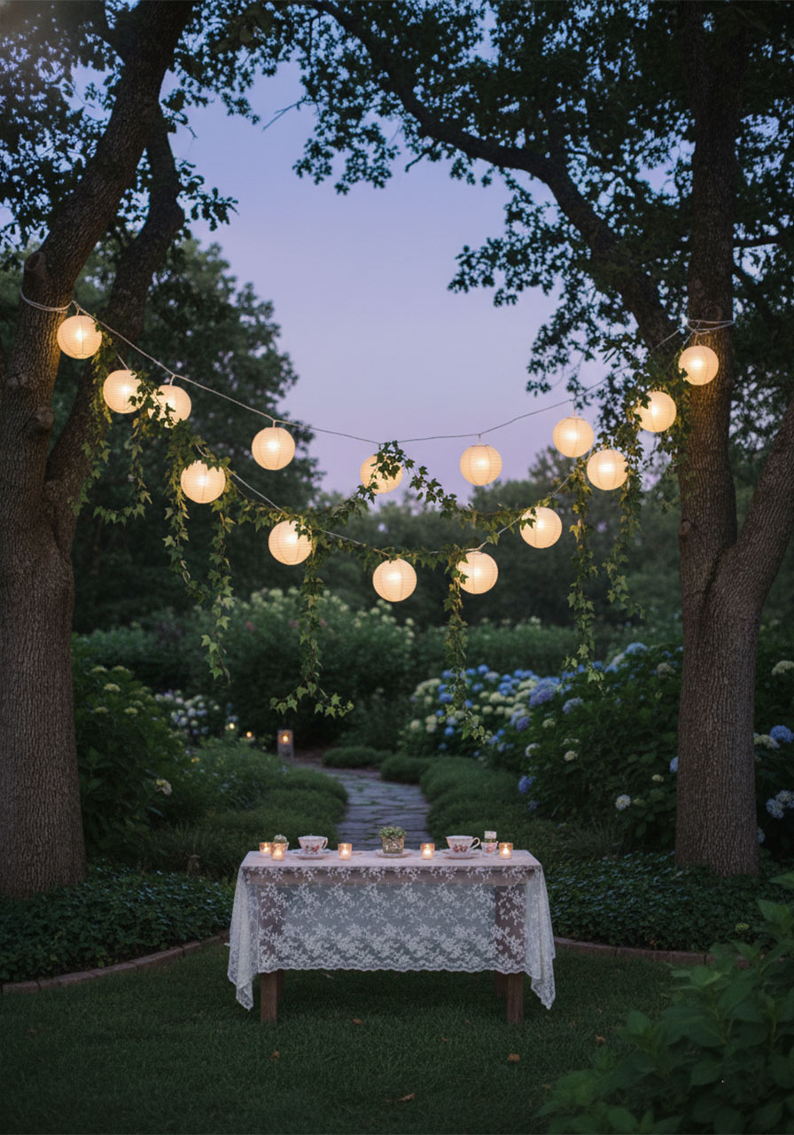 Whimsical woodland tea party garland with paper lanterns and ivy hanging in a garden.