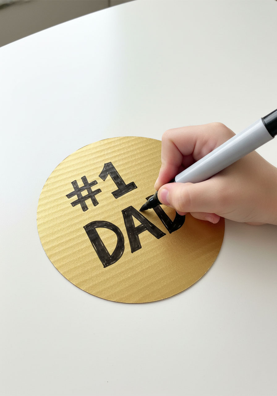 Child writing #1 DAD on a gold painted cardboard medal with a black marker, Step 3 of the Father's Day award ribbon craft for kids