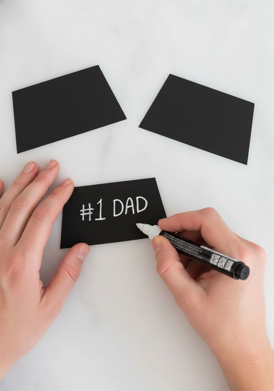 Adult hand using a white paint pen to write "#1 Dad" on a black cardstock trophy base for the Father's Day handprint trophy craft, with a second blank piece beside it