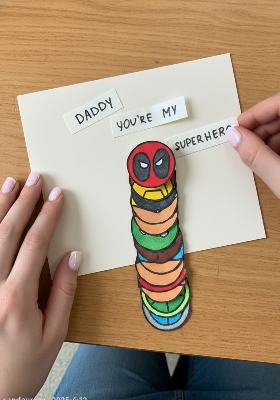 Writing the Pull label on the pull-tab strip of the DIY pop-up superhero Father's Day card	phase3 step6