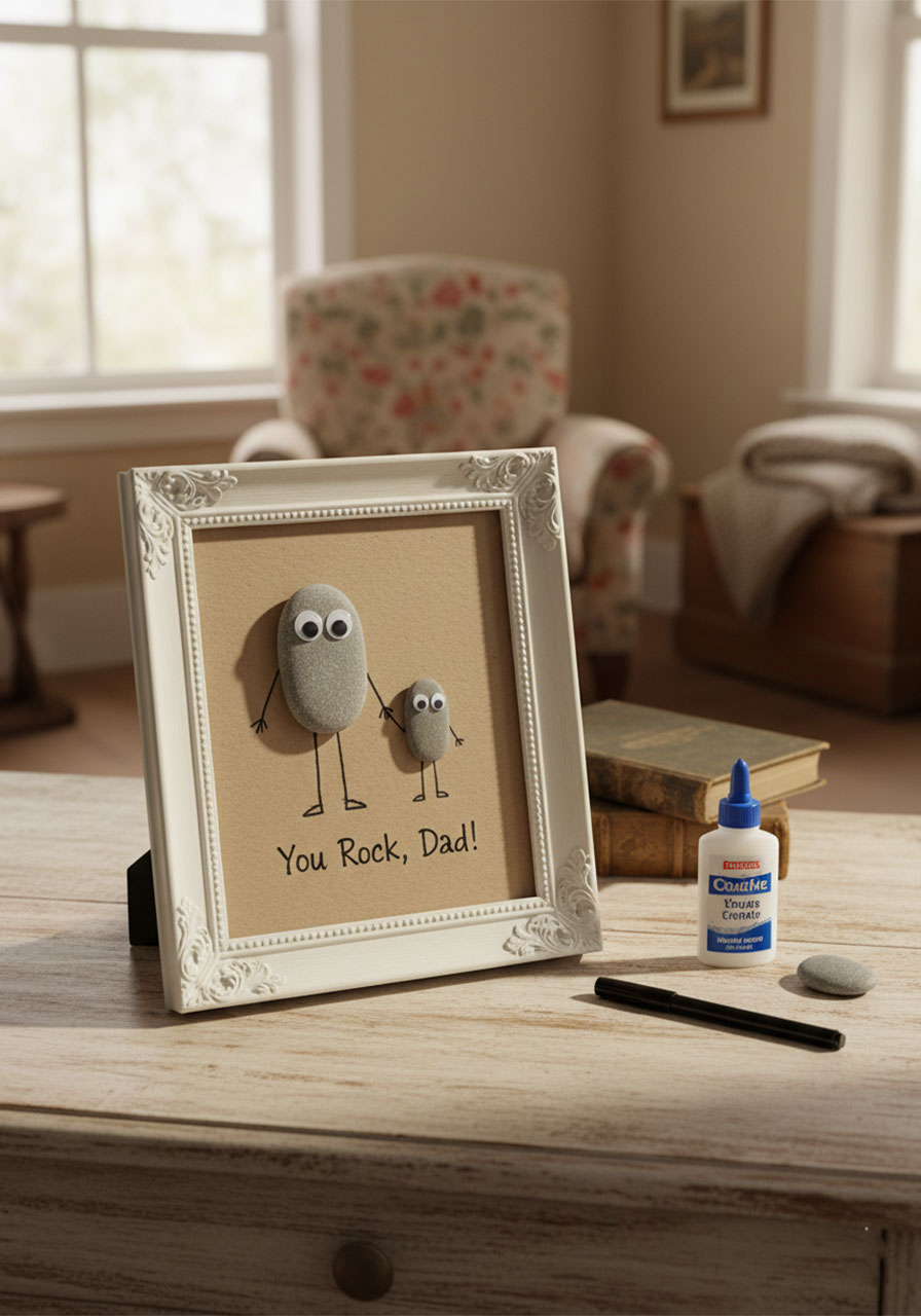 Handmade "You Rock, Dad!" stone art in a white photo frame with two river stone figures and googly eyes, DIY first Father's Day gift
