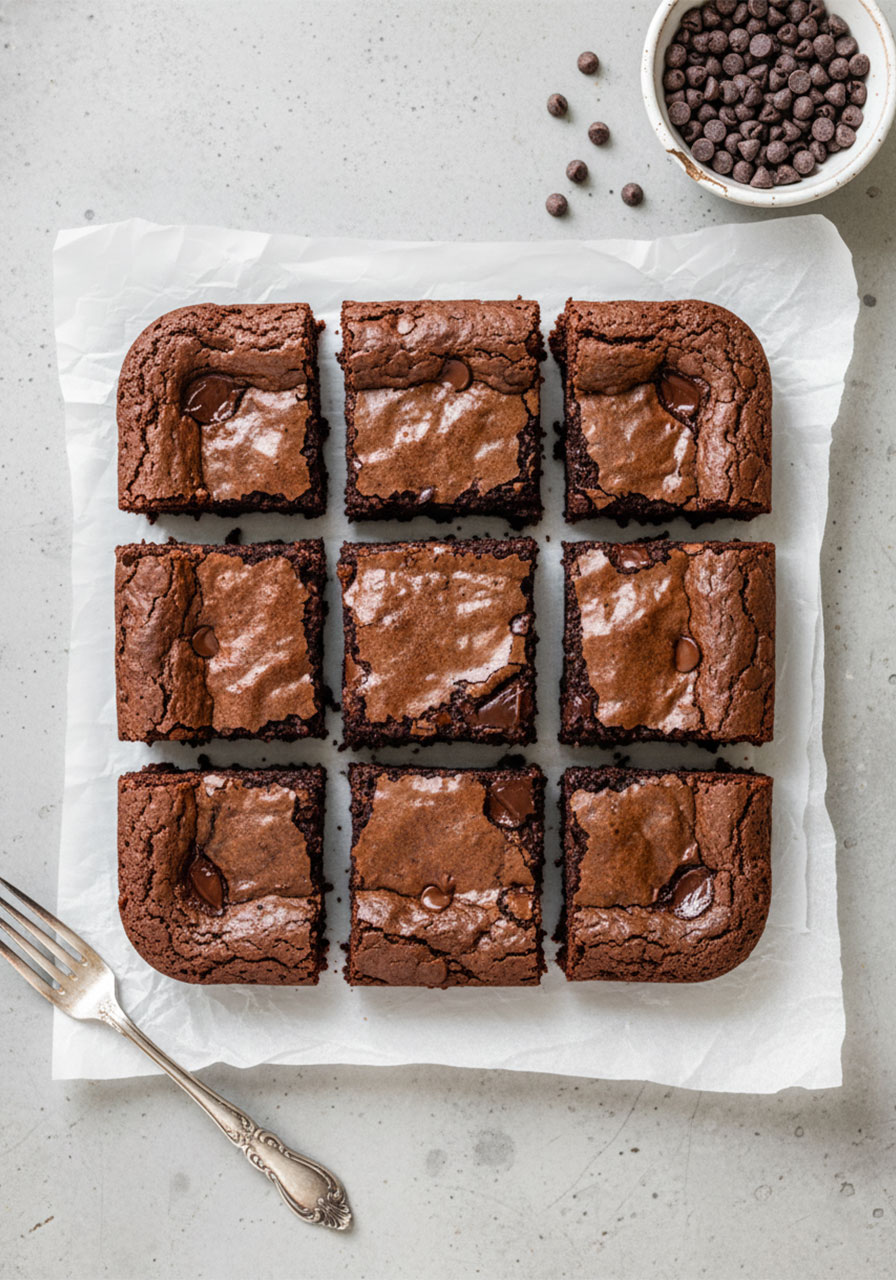 Overhead flat lay of 12 zero sugar Greek yogurt brownies on parchment paper with chocolate chips
