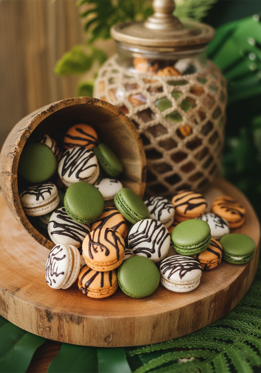 Zoo animal print macarons with zebra stripe tiger stripe and green designs spilling from wooden bowl, elegant zoo party food dessert for kids	