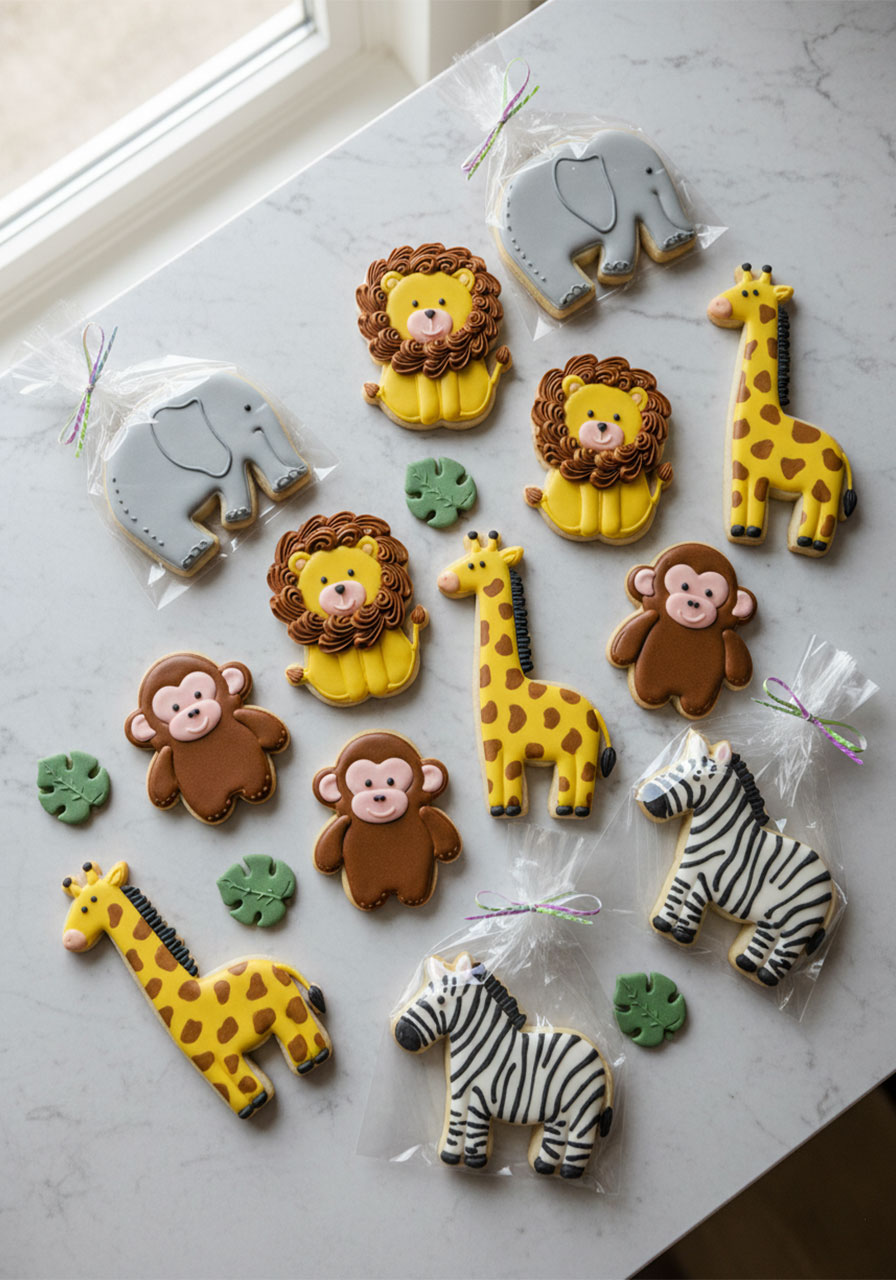 Decorated zoo animal sugar cookies with royal icing in elephant lion giraffe monkey and zebra shapes, cute animal themed birthday snacks for kids	