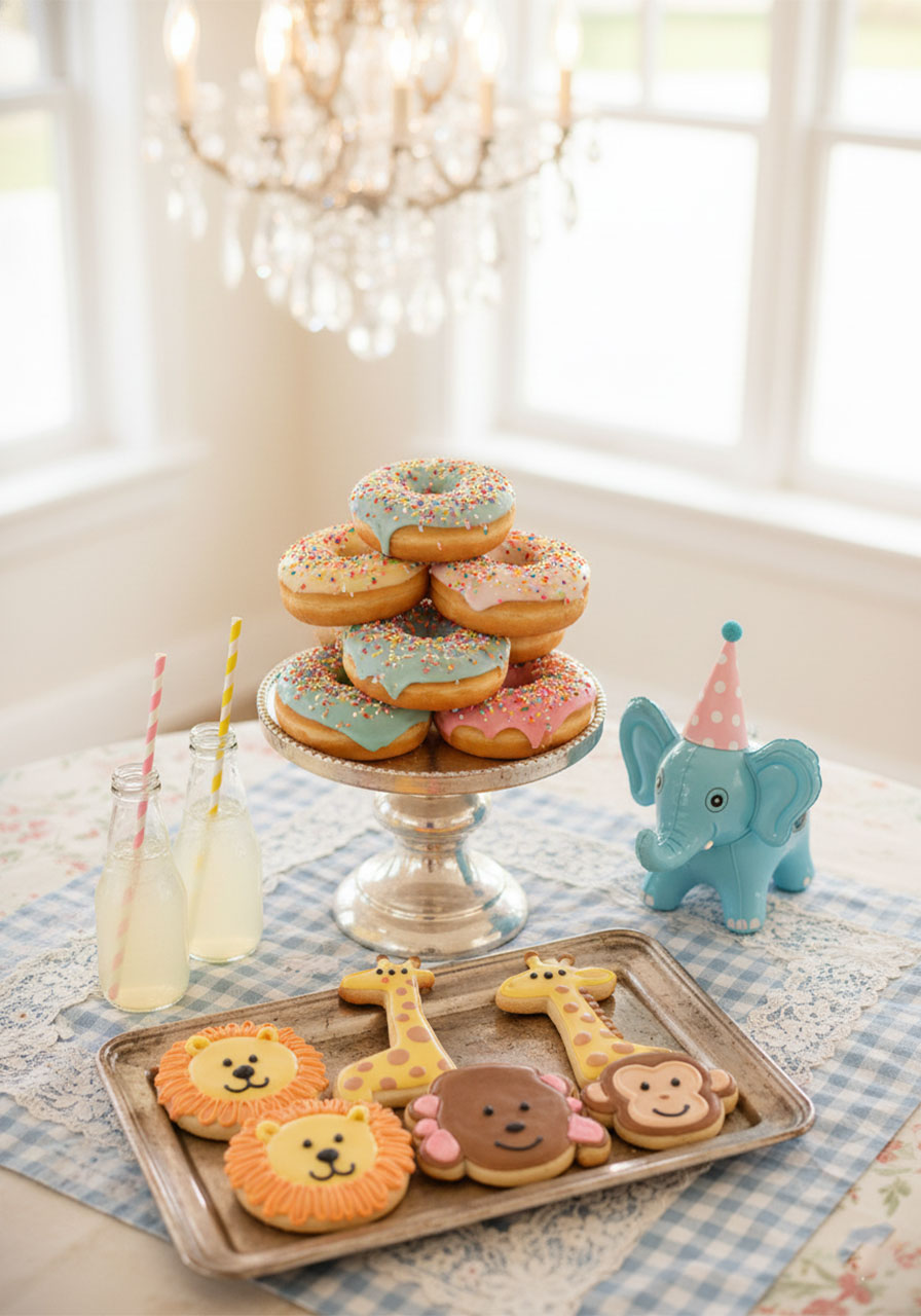 Colorful sprinkle donuts stacked on silver cake stand with animal-shaped sugar cookies, cute zoo birthday party food for kids	