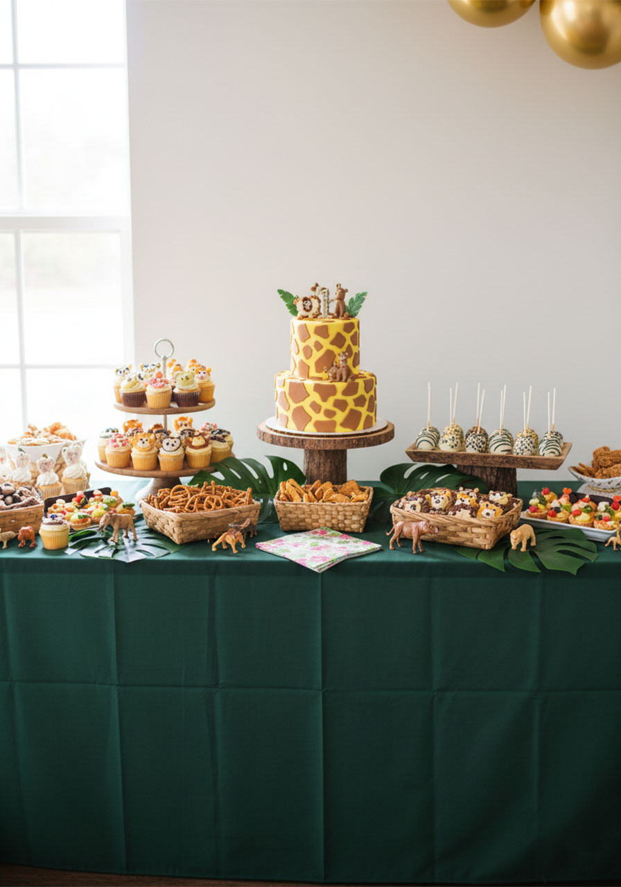Full zoo themed birthday party food table with cake cupcakes animal cookies and safari decorations for kids party	
