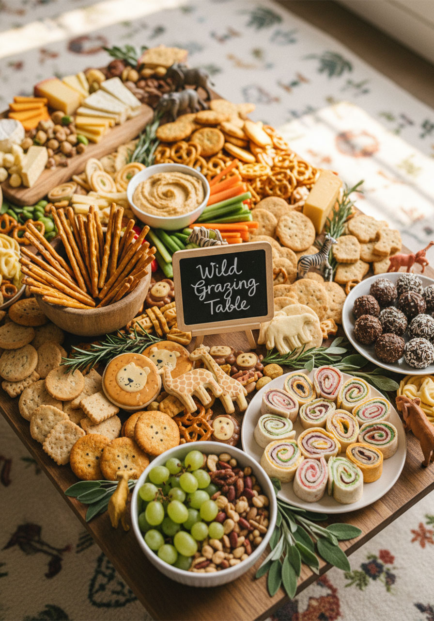 Abundant zoo party grazing table spread with cheese crackers cookies pretzels and safari animal decorations, complete animal themed birthday party food for kids	