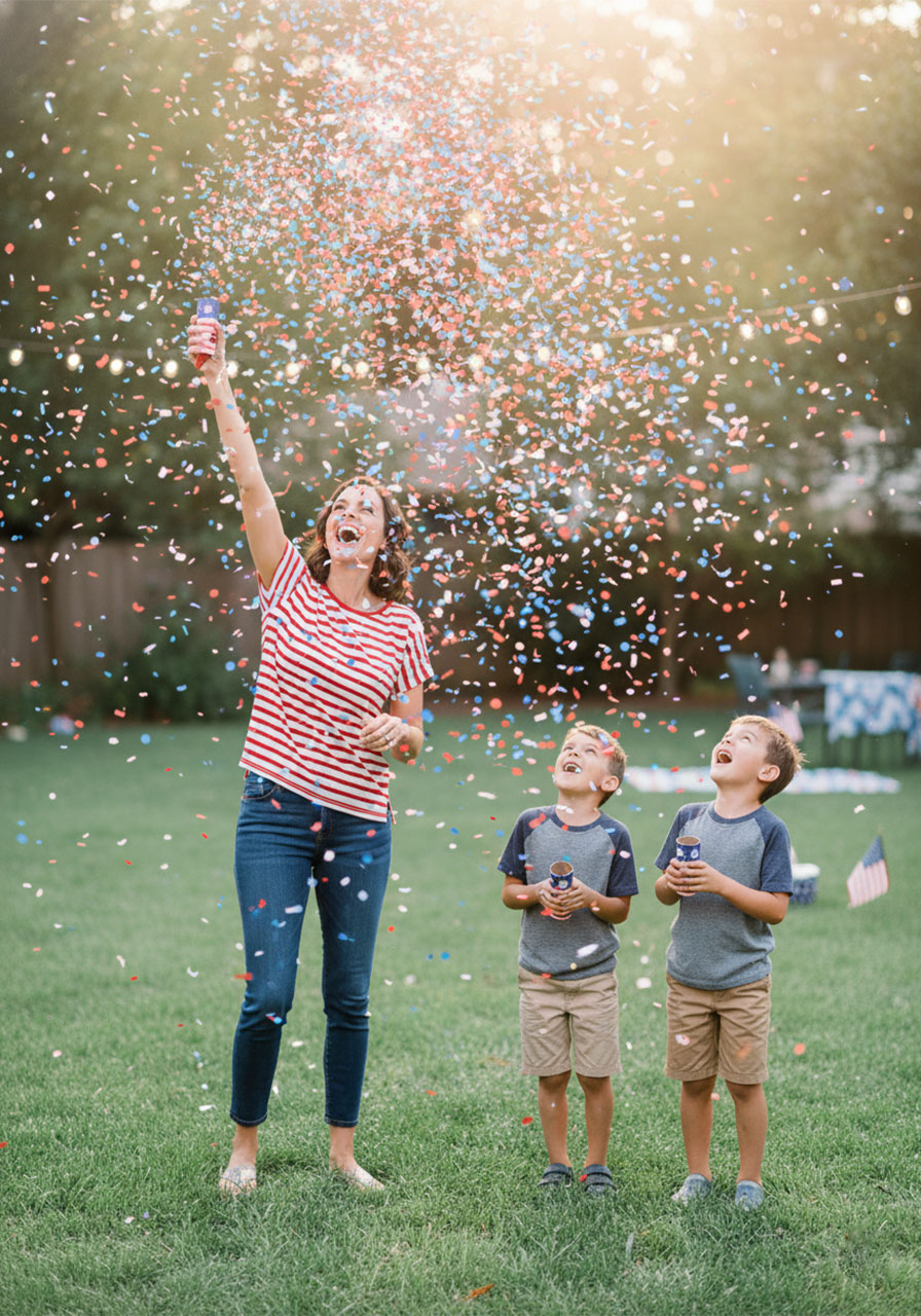 Family enjoying DIY 4th of July confetti poppers at an outdoor backyard party with confetti flying through the air