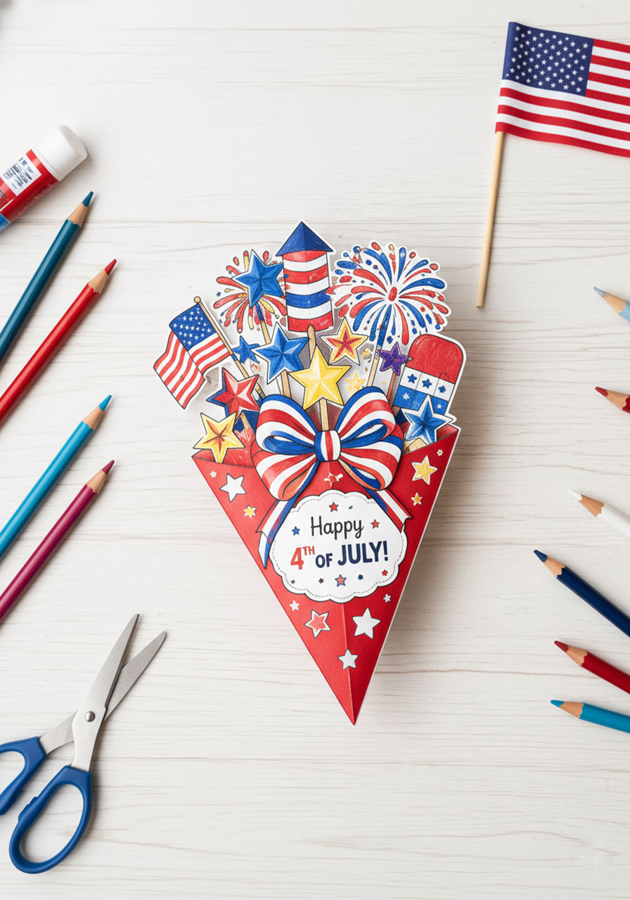 Finished colored printable 4th of July firework bouquet card in red white and blue with fireworks stars and American flags