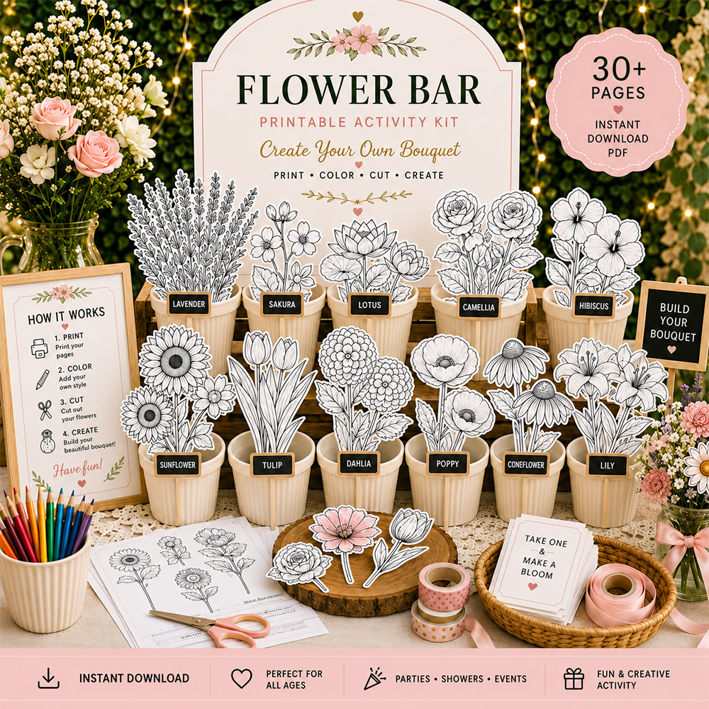 DIY Flower Bouquet Activity Kit Printable Flower Bar Craft Station for Parties