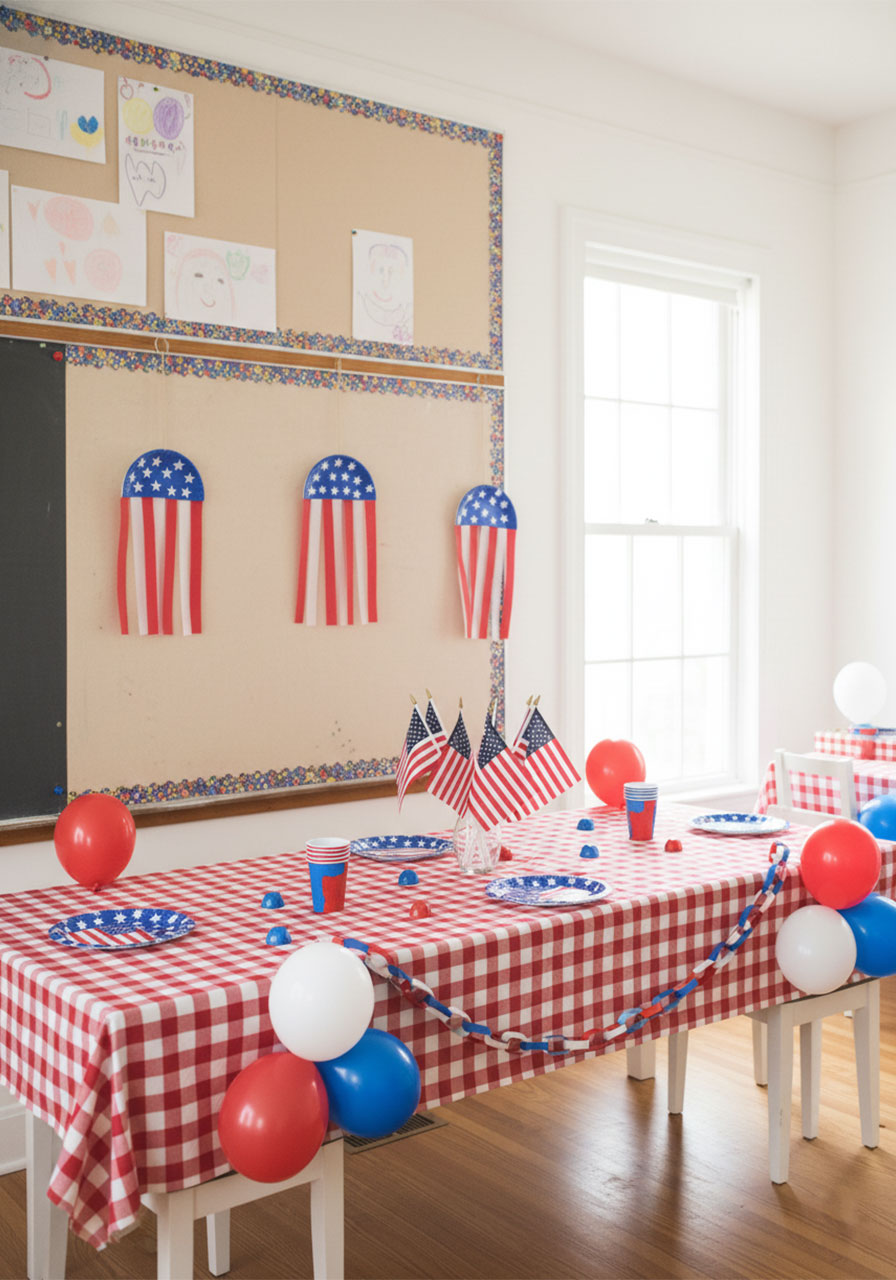 Paper plate flag crafts displayed as patriotic wall decorations at a 4th of July party alongside red white and blue table decorations variation 2 classroom