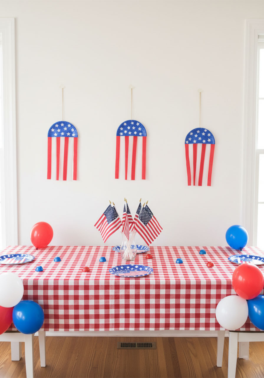 Paper plate flag crafts displayed as patriotic wall decorations at a 4th of July party alongside red white and blue table decorations variation 1