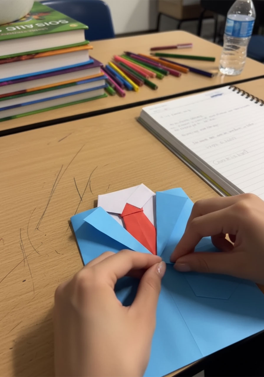 Hands gluing small wooden buttons and a red paper pocket square onto a blue paper suit jacket Father's Day card on a white table step4c
