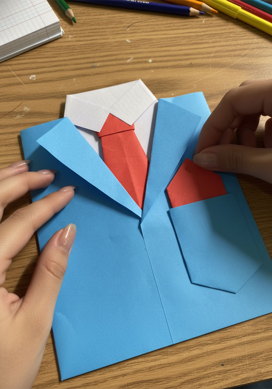 Hands gluing small wooden buttons and a red paper pocket square onto a blue paper suit jacket Father's Day card on a white table step4g