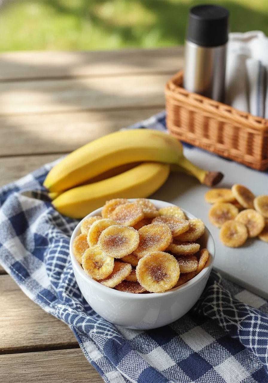 A white bowl filled with golden air fryer banana chips coated in cinnamon sugar on a marble countertop