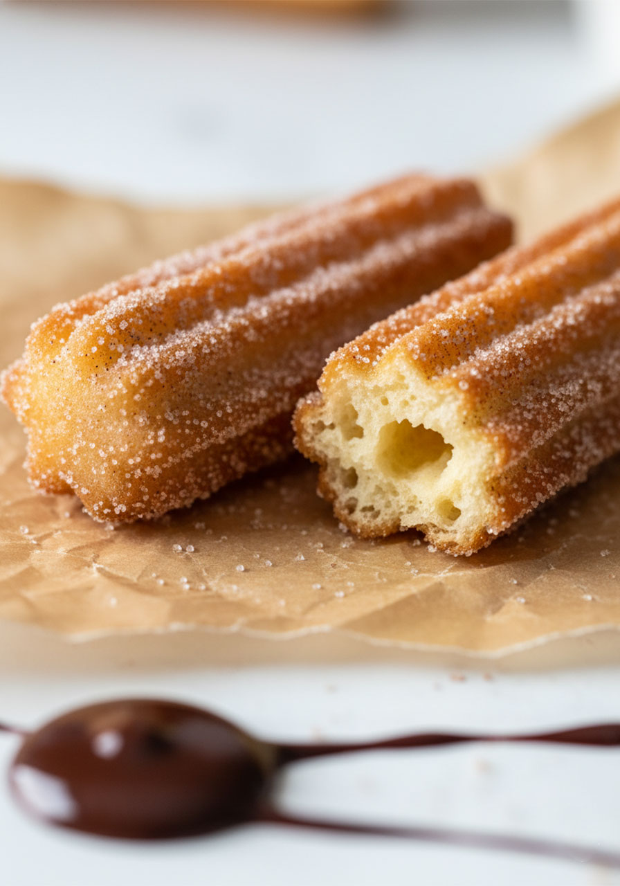 Close-up cross-section of air fryer churro bite showing crispy cinnamon sugar exterior and soft fluffy interior