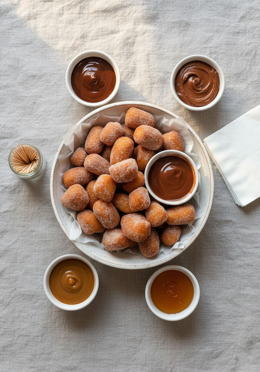 Air fryer churro bites party dessert spread with four dipping sauces including chocolate, Nutella, caramel and honey