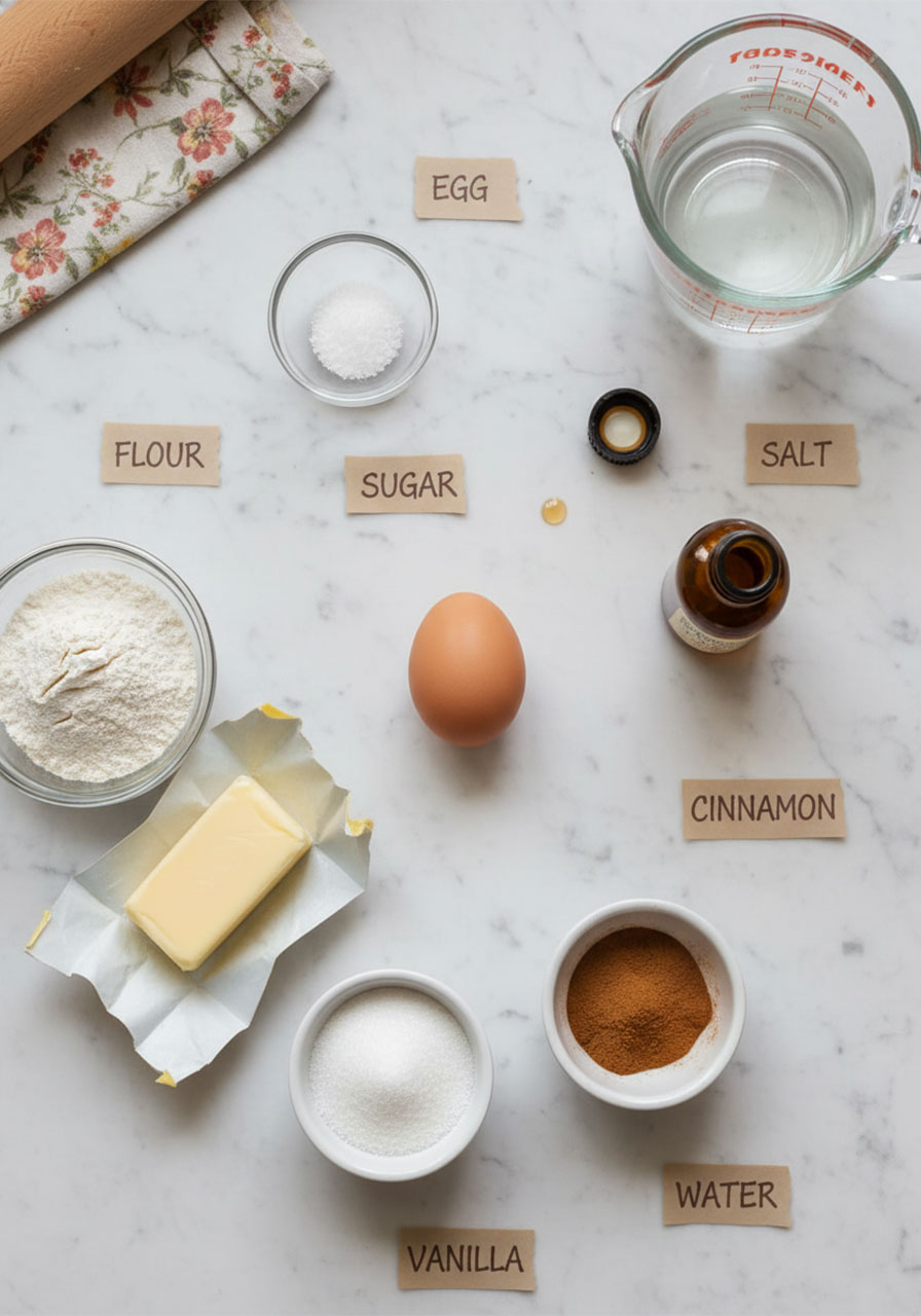 All ingredients needed for homemade air fryer churro bites including flour, butter, egg, cinnamon and sugar laid out on marble surface