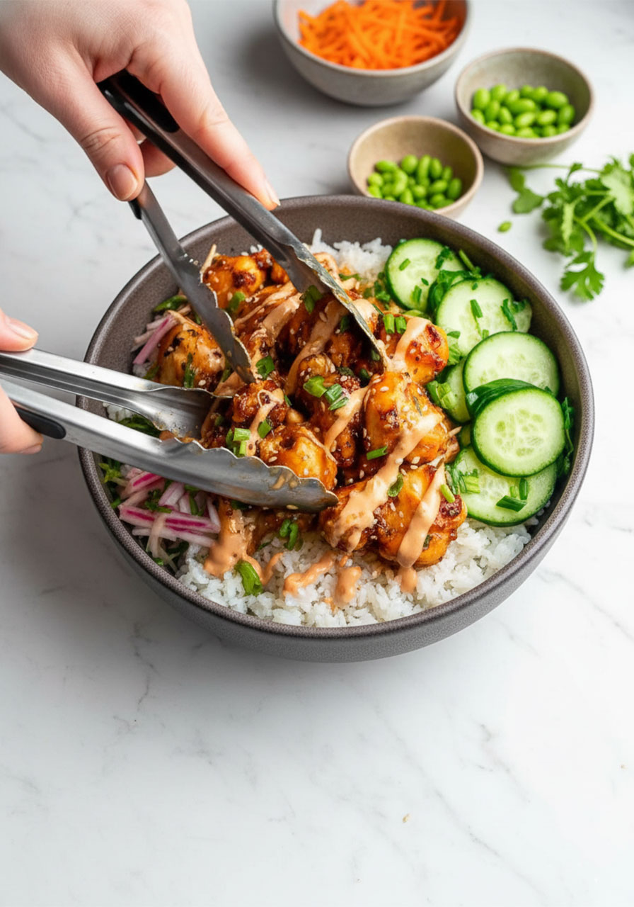 Building a bang bang chicken bowl — layering rice, chicken, and fresh vegetables step by step