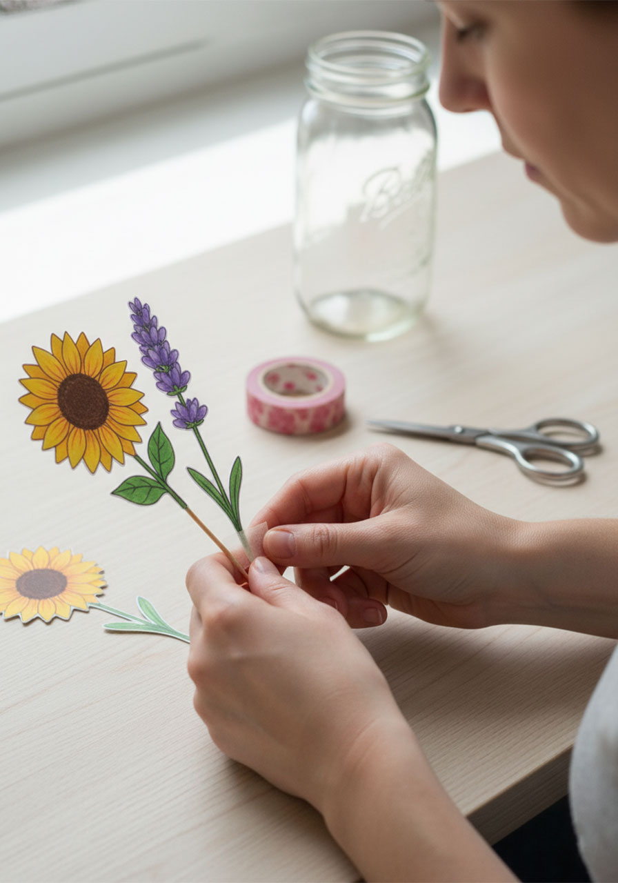 Assembling printable flower bouquet stems with skewers and tape