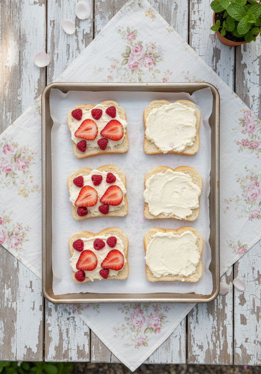Assembling strawberry cream tea sandwiches on a parchment-lined baking sheet showing strawberry arrangement and cream-spread bread slices side by side